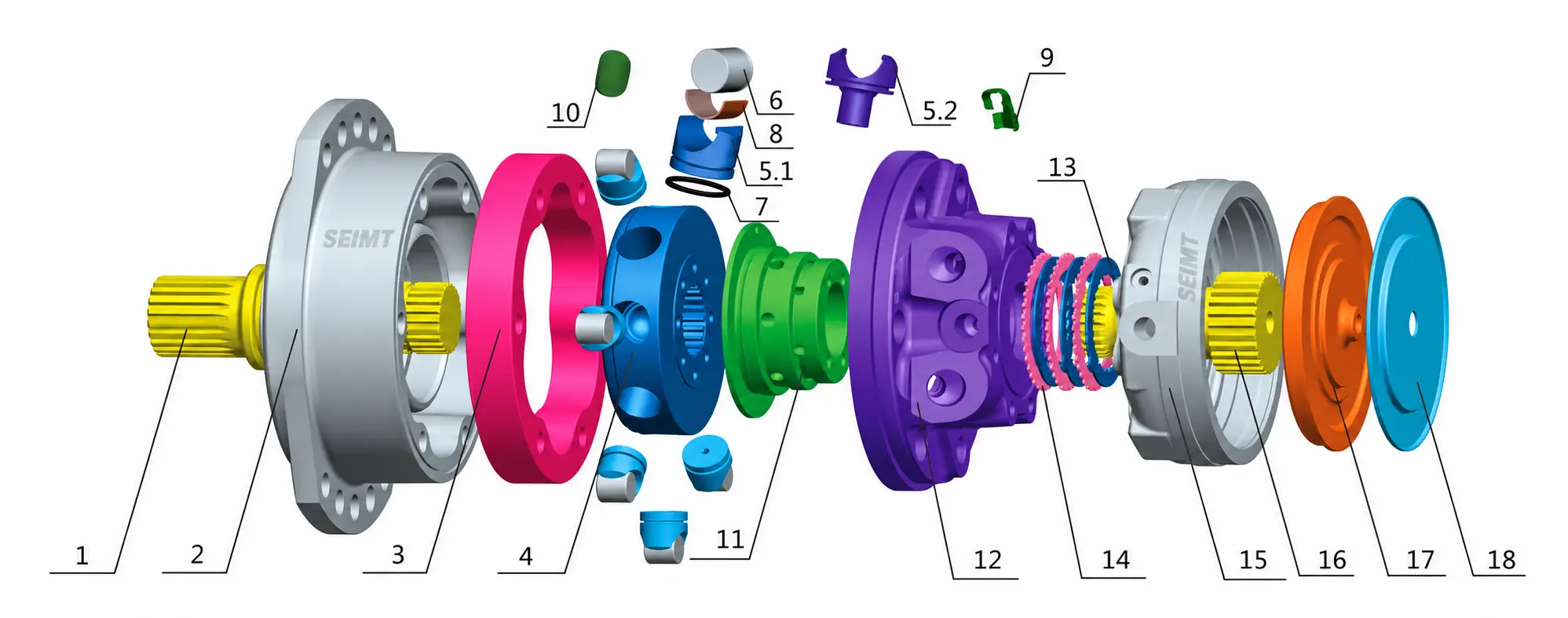 Poclain MS02 / MSE02 hydraulic motor exploded diagram with numbered spare parts and alternative pistons 5.1 and 5.2