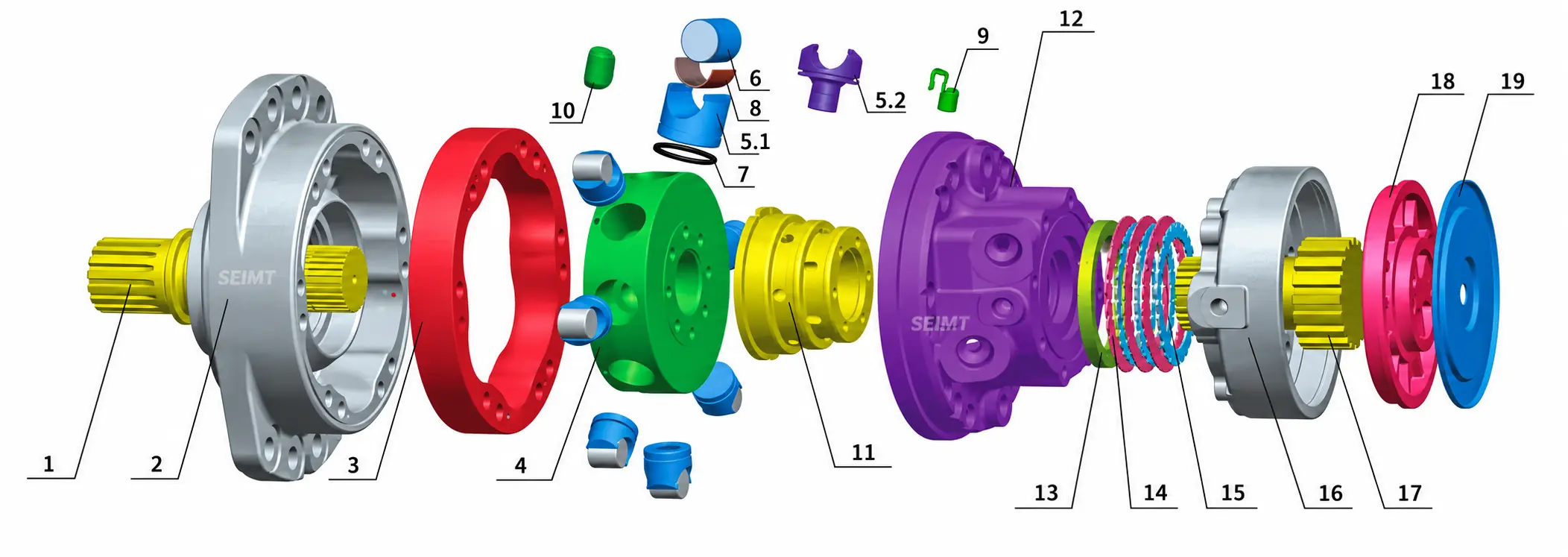 Poclain MS05 / MSE05 hydraulic motor exploded diagram with numbered spare parts and alternative pistons 5.1 and 5.2