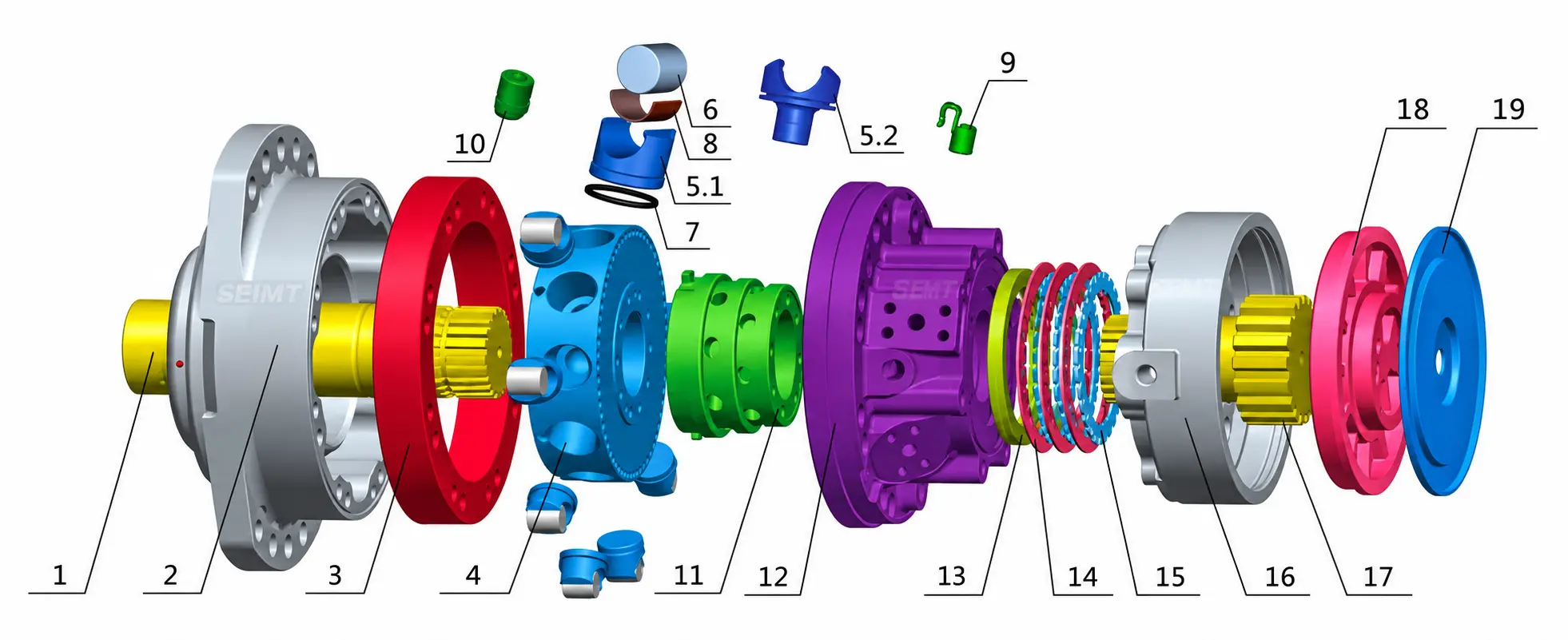 Poclain MS08 / MSE08 hydraulic motor exploded diagram with numbered spare parts and alternative pistons 5.1 and 5.2