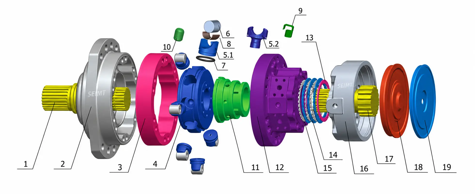 Poclain MS11 / MSE11 hydraulic motor exploded diagram with numbered spare parts and alternative pistons 5.1 and 5.2