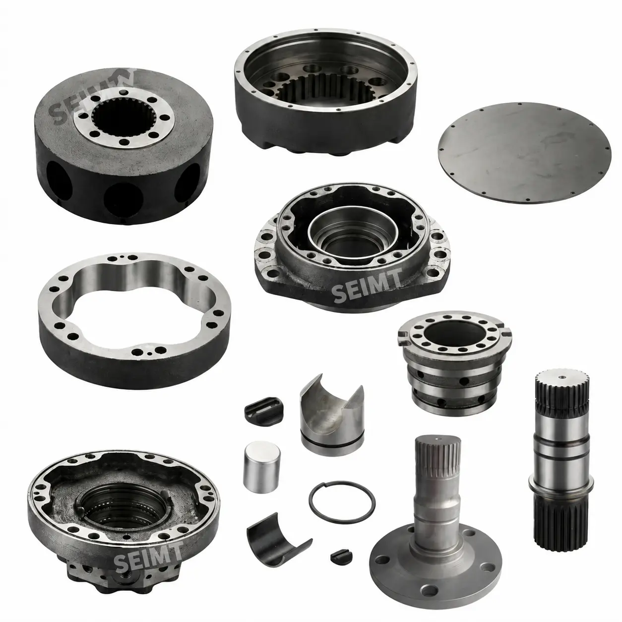 Aftermarket hydraulic motor spare parts for Poclain MS11 / MSE11, including housings, shaft and internal components