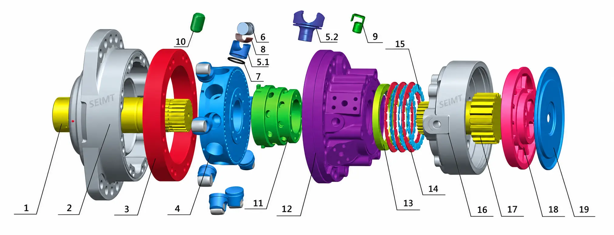 Poclain MS18 / MSE18 hydraulic motor exploded diagram with numbered spare parts and alternative pistons 5.1 and 5.2