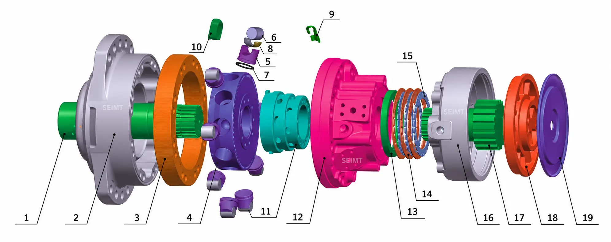 Poclain MS25 hydraulic motor exploded diagram showing spare parts numbered 1 to 19