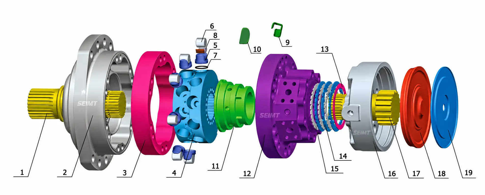 Poclain MS35 hydraulic motor exploded diagram showing spare parts numbered 1 to 19
