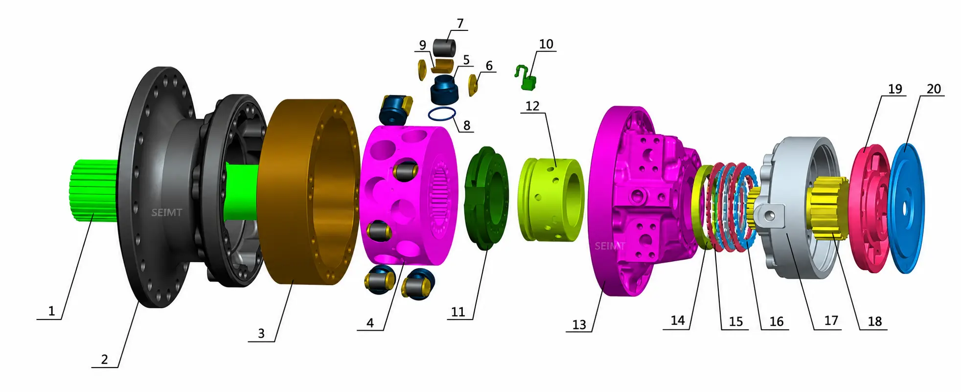 Poclain MS83 hydraulic motor exploded diagram showing spare parts numbered 1 to 20